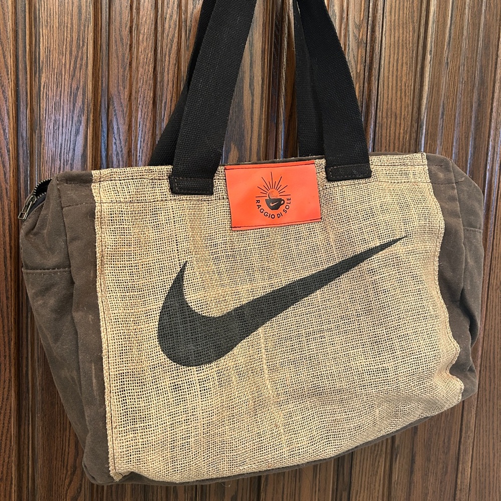 Nike Raffia Black and Tan beach Tote Bag with zipper top